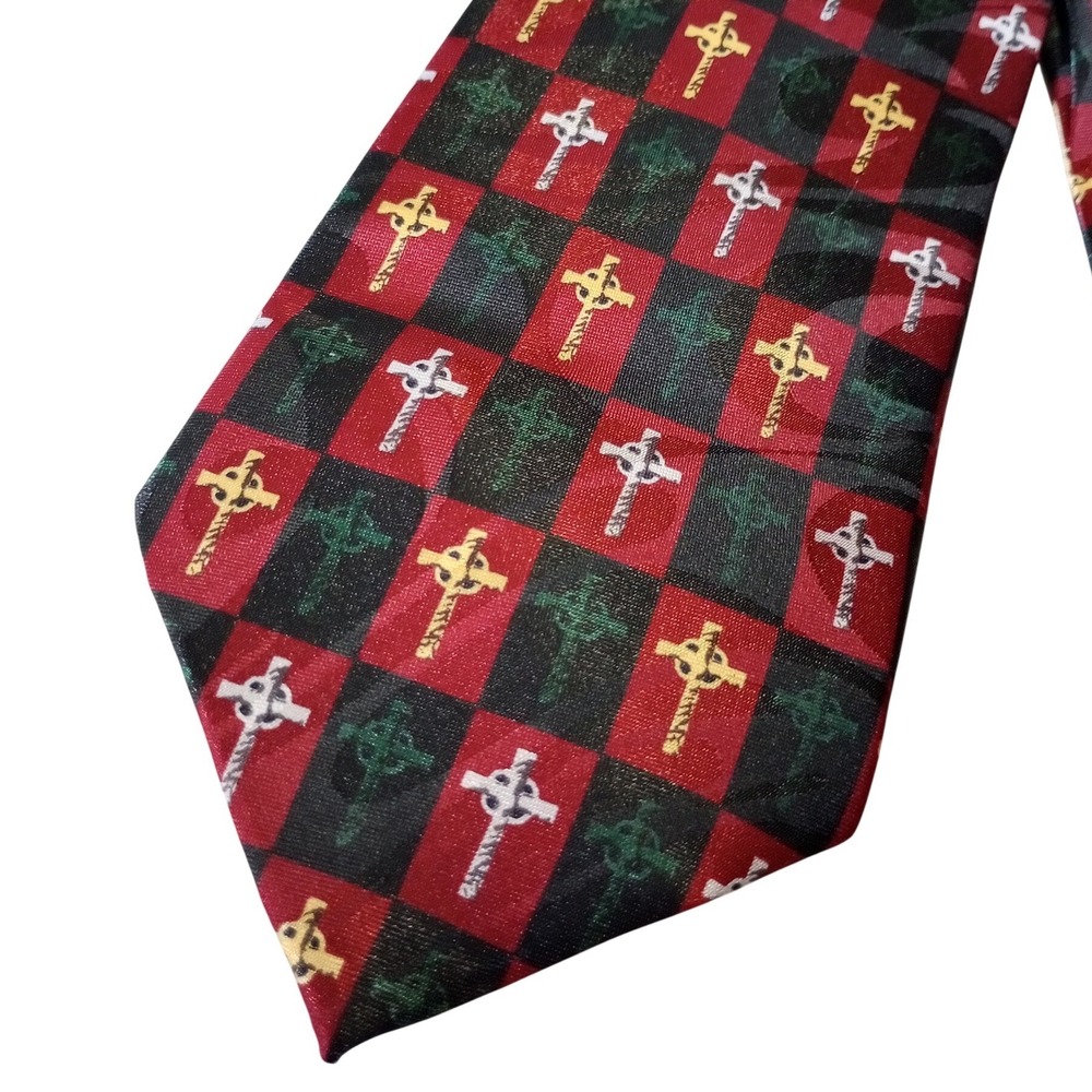 Steven Harris Mens Celtic Cross Checkered Necktie Red Black Handmade Polyester